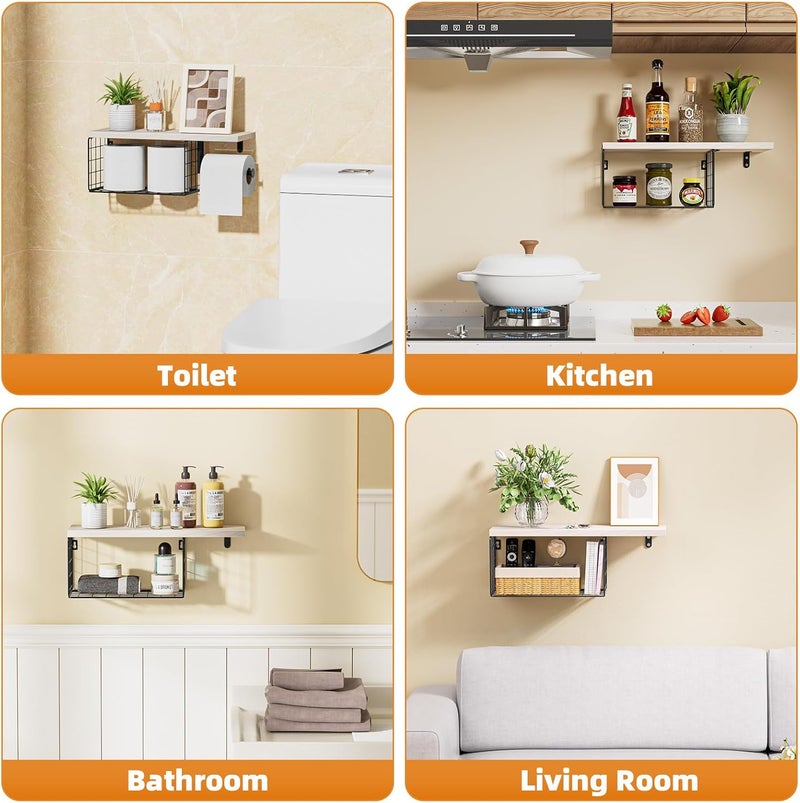 VITVITI Toilet Paper Holder with Shelf, Wall Mounted Toilet Paper Storage Basket, Wood Metal Toilet Roll and Wipes Holder for Bathroom Farmhouse (Natural) - Image 2